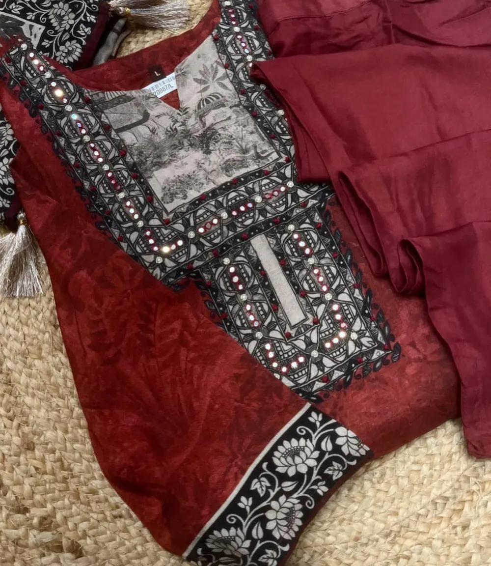 Muslin Maroon Digital Printed Set